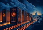 A vast cloud data center visualized as an AI factory assembly line, with illuminated server racks, secure compute zones, and autonomous robots in the distance, without brand logos.