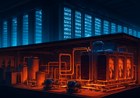 A stylized AI data center cross-section with server racks, cooling pipes, heat exchangers and power equipment arranged like an industrial energy facility.