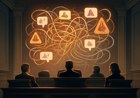 A courtroom scene facing an abstract glowing social media feed, with notification threads and child-safety warning icons treated like evidence.