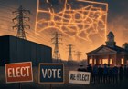 A massive windowless AI data center near power lines and a suburban town hall, with campaign signs in the foreground and a glowing grid map overhead.