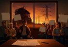Editorial illustration of a rural Georgia county meeting room divided with a large AI data center silhouette, high-voltage transmission lines and residents holding generic protest signs.