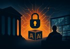 A federal courthouse silhouette faces a secure military command center, with neural-network lines and a locked AI model cube between them.