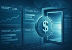 A digital dollar token feeding structured weekly reserve, trading and financial-condition data into a federal-style supervision dashboard, with Treasury bills and ledger grids in cool blue tones.