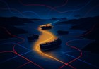 Editorial image of the Strait of Hormuz at night as a tense maritime corridor, with tankers offshore, naval silhouettes and overlaid route-control lines between two dark coastlines.