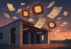 A half-built rural Georgia data center at dusk with dark server racks, glowing GPU chips, contracts and penny-priced stock warrants swirling overhead.
