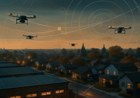 Autonomous delivery drones flying over a suburban neighborhood and warehouse district, with subtle air-corridor lines and logistics-map overlays showing a new retail delivery network.