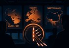 Editorial illustration of a Pentagon operations room with maps of the Middle East, Europe and the Western Pacific as missiles drain from a central inventory gauge.