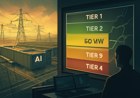 An AI data center campus connected to high-voltage transmission infrastructure while a grid-control interface shows load-shedding tiers and a 50 MW threshold.