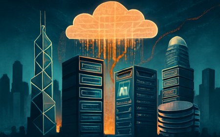 Hong Kong financial towers visually transforming into AI server racks and chip wafers, with streams of market data flowing into a cloud-compute grid.