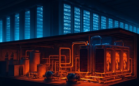 A stylized AI data center cross-section with server racks, cooling pipes, heat exchangers and power equipment arranged like an industrial energy facility.