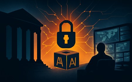 A federal courthouse silhouette faces a secure military command center, with neural-network lines and a locked AI model cube between them.
