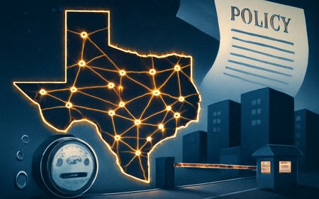 Editorial illustration of a Texas-shaped electric grid at night, with glowing transmission lines, data-center blocks waiting at a checkpoint, and water and power meters in the foreground.