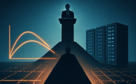 A central banker at a mountain podium casts a long shadow over rising yield curves, AI server racks and a glowing liquidity grid.