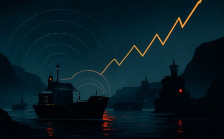 Dark editorial maritime scene showing tankers moving through a narrow chokepoint at night under radar arcs, naval silhouettes, warning lights and rising abstract market lines.