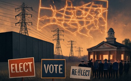A massive windowless AI data center near power lines and a suburban town hall, with campaign signs in the foreground and a glowing grid map overhead.