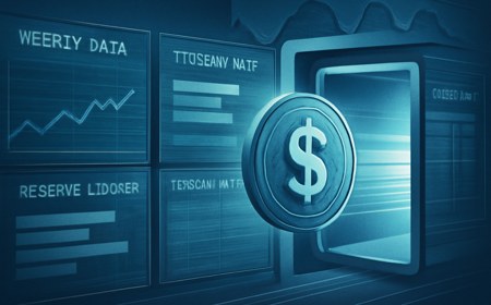 A digital dollar token feeding structured weekly reserve, trading and financial-condition data into a federal-style supervision dashboard, with Treasury bills and ledger grids in cool blue tones.