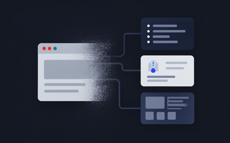 A fading standalone browser window dissolving into connected AI workspace panels, code panes and task cards on a dark neutral background.