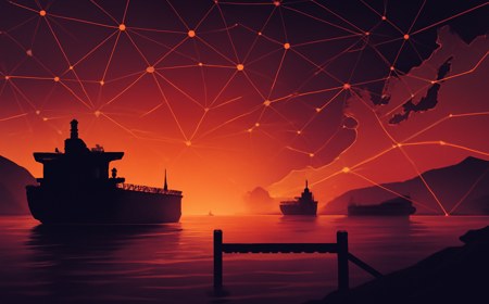 Oil tankers stalled near a narrow strait at dusk, with abstract financial network lines and customs barriers extending toward East Asia.