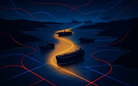 Editorial image of the Strait of Hormuz at night as a tense maritime corridor, with tankers offshore, naval silhouettes and overlaid route-control lines between two dark coastlines.