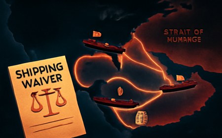 Editorial illustration of foreign-flagged tankers moving along glowing U.S. coastal routes while a shipping waiver document and distant Strait of Hormuz chokepoint frame the energy-security stakes.