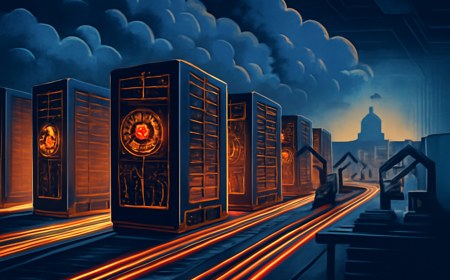A vast cloud data center visualized as an AI factory assembly line, with illuminated server racks, secure compute zones, and autonomous robots in the distance, without brand logos.