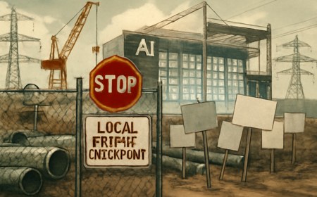 Editorial illustration of an AI data center construction site paused at a local permit checkpoint, with power lines, water infrastructure and residents in the foreground.