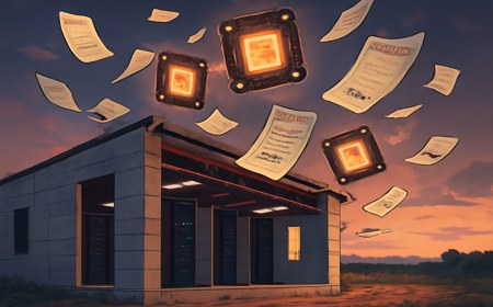 A half-built rural Georgia data center at dusk with dark server racks, glowing GPU chips, contracts and penny-priced stock warrants swirling overhead.