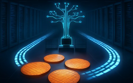 Editorial illustration of an AI data center floor with glowing silicon wafers, network diagrams and multiple supplier paths converging into a secure control console, without logos.