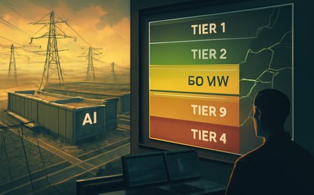 An AI data center campus connected to high-voltage transmission infrastructure while a grid-control interface shows load-shedding tiers and a 50 MW threshold.