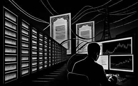 A night-time AI data center rendered as financial infrastructure, with glowing GPU racks, abstract collateral blocks, bond-like forms, power lines and a private-credit trading desk, without logos or text.