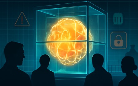 A glowing abstract AI server core behind layered containment glass, cyber-range grids, warning lights, locked network gates, and government-review silhouettes in the background.