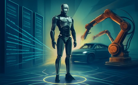 A sleek humanoid robot on an electric-vehicle factory floor, surrounded by assembly arms, abstract server racks and glowing data streams representing capital, manufacturing and AI training loops.