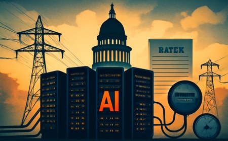 Editorial image of California policy, electric-grid infrastructure, server racks, meters, tariff documents, transmission towers, and water gauges illustrating AI data-center regulation.