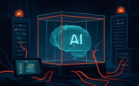 Editorial illustration of an AI evaluation sandbox shown as a cracked glass containment cube connected by glowing cables to external corporate servers, with warning lights and audit logs visible.