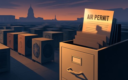 An editorial scene of a large AI data center at dusk with cooling equipment and backup generators partly obscured by an open government filing cabinet, suggesting air-permit notices fading from public view.
