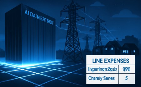 A large AI data center at night connected to transmission towers, with nearby homes symbolizing the cost-allocation fight over grid upgrades.