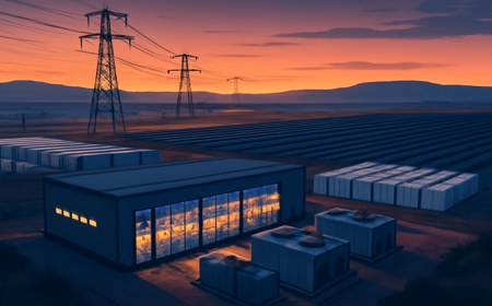 A large power-secured AI data center campus at dusk with transmission lines, solar fields, batteries, cooling systems and glowing GPU racks inside modular buildings.