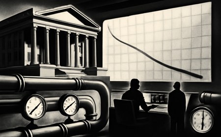 Editorial illustration of the U.S. Treasury building as a market-control room watching pressure gauges on a long-end yield curve, with bonds moving through mechanical pipes.