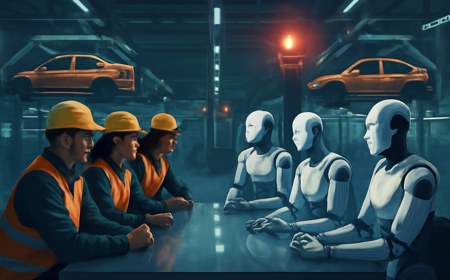 A modern auto factory floor divided between human workers and generic humanoid robots, with a transparent negotiation table in the center and paused assembly lines in the background.