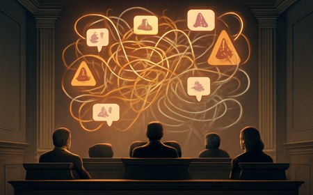 A courtroom scene facing an abstract glowing social media feed, with notification threads and child-safety warning icons treated like evidence.