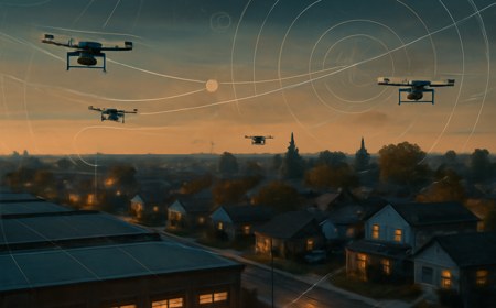 Autonomous delivery drones flying over a suburban neighborhood and warehouse district, with subtle air-corridor lines and logistics-map overlays showing a new retail delivery network.