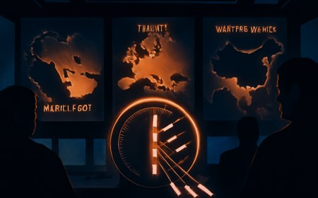 Editorial illustration of a Pentagon operations room with maps of the Middle East, Europe and the Western Pacific as missiles drain from a central inventory gauge.