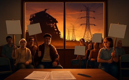 Editorial illustration of a rural Georgia county meeting room divided with a large AI data center silhouette, high-voltage transmission lines and residents holding generic protest signs.