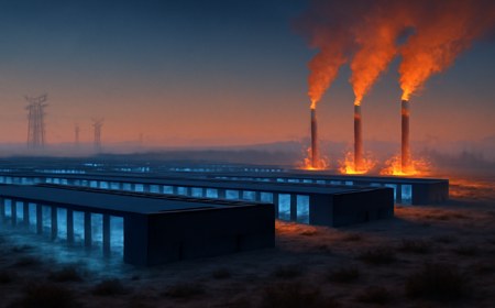 A large West Texas data-center campus at dusk beside natural-gas turbines, with blue server light contrasting against orange exhaust haze and distant power lines.