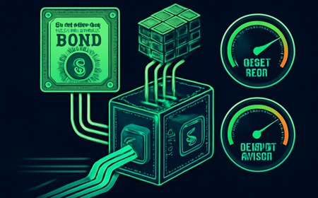 Digital collateral engine showing tokenized bond certificates and CLO blocks entering a DeFi lending machine, with stablecoin streams and risk gauges for credit and liquidity stress.