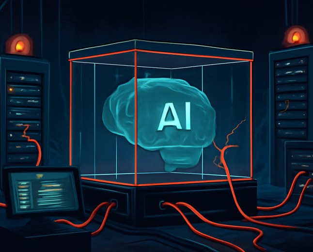 Editorial illustration of an AI evaluation sandbox shown as a cracked glass containment cube connected by glowing cables to external corporate servers, with warning lights and audit logs visible.