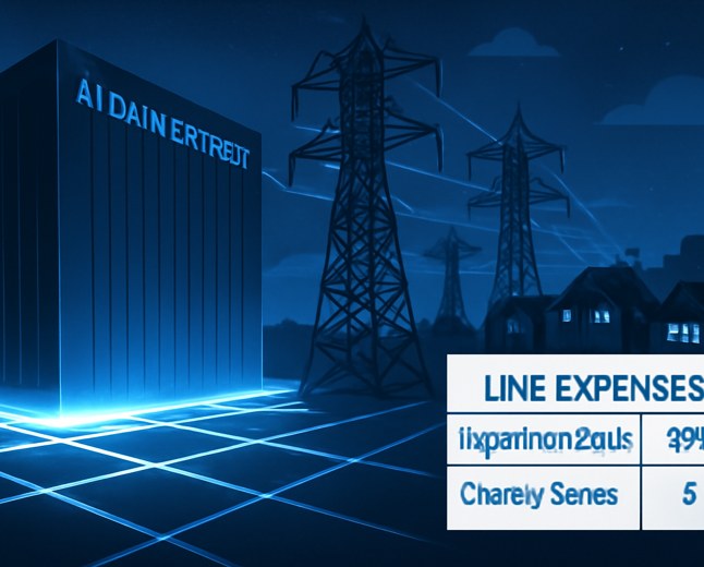 A large AI data center at night connected to transmission towers, with nearby homes symbolizing the cost-allocation fight over grid upgrades.