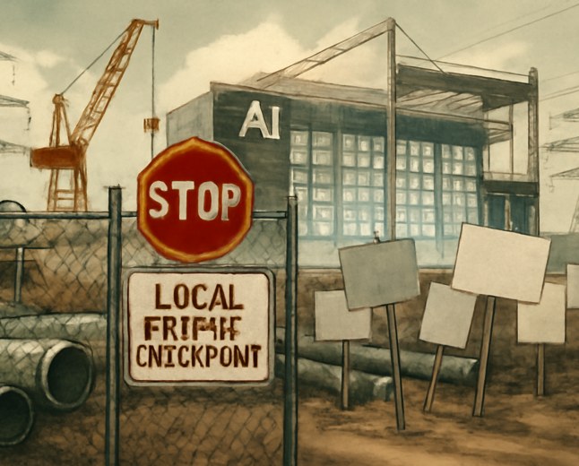 Editorial illustration of an AI data center construction site paused at a local permit checkpoint, with power lines, water infrastructure and residents in the foreground.