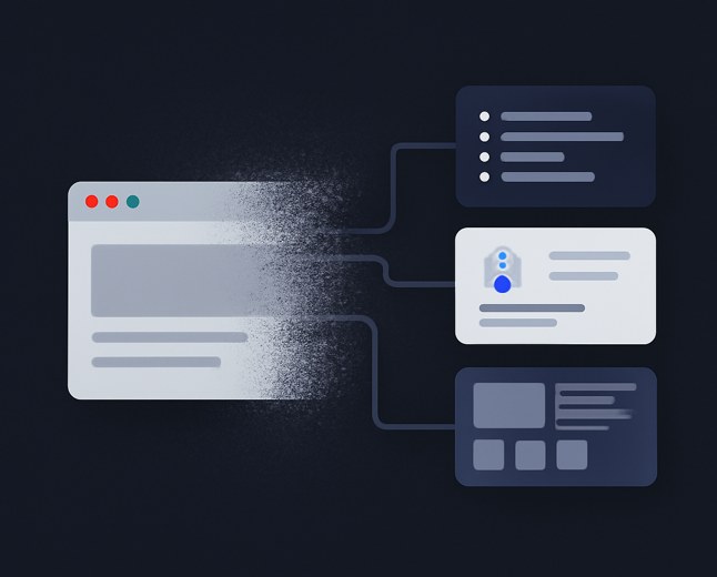 A fading standalone browser window dissolving into connected AI workspace panels, code panes and task cards on a dark neutral background.