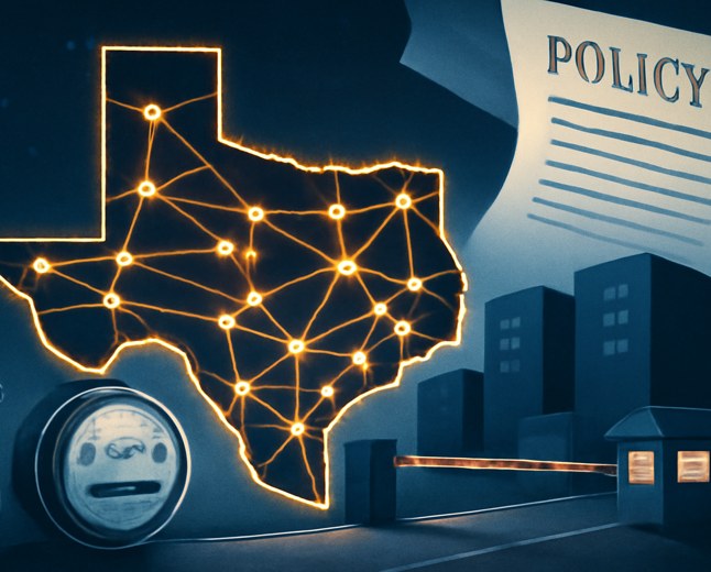 Editorial illustration of a Texas-shaped electric grid at night, with glowing transmission lines, data-center blocks waiting at a checkpoint, and water and power meters in the foreground.